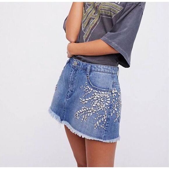 Free People Denim Jewel Mini Skirt - Picture 2 of 7